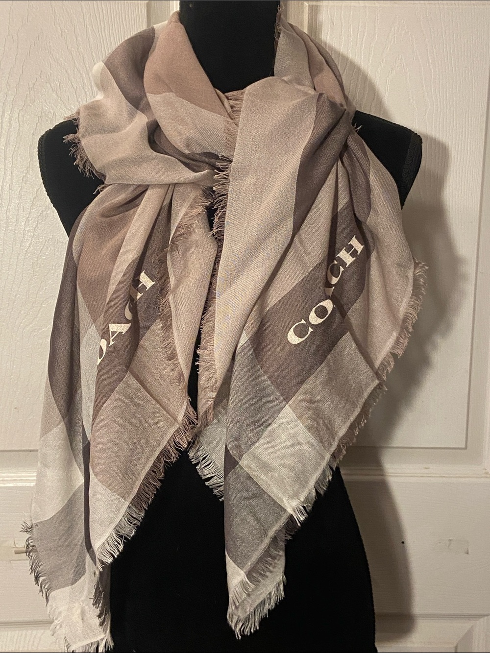 Coach Square 44” Neutral Plaid Scarf in Taupe and Cream Stripes NWT RP $175
